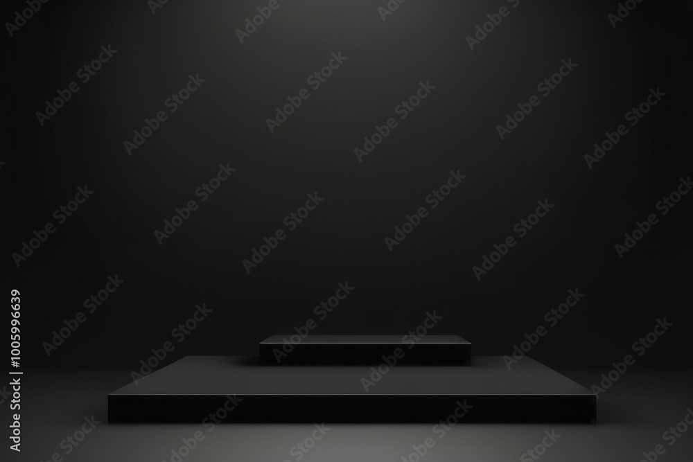 Poster an empty dark stage with no spotlight and a blank podium in a modern room with various technology di