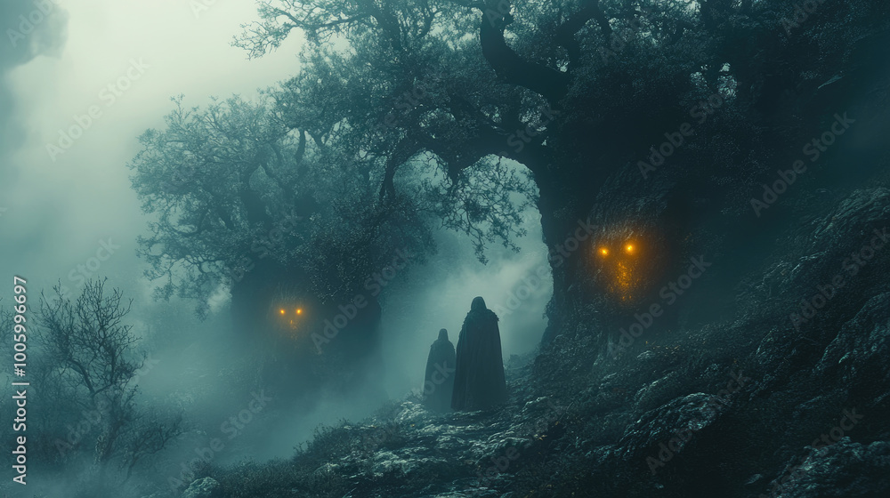 Poster cloaked individuals navigate a mystical forest filled with mist and eerie trees that have glowing ey