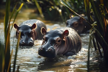 Fototapeta premium Playful newborn hippopotamus calves wading through the shallows of a peaceful pond