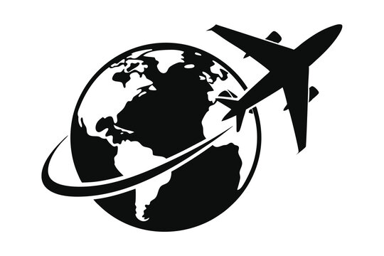 black airplane flying around globe clip art preview