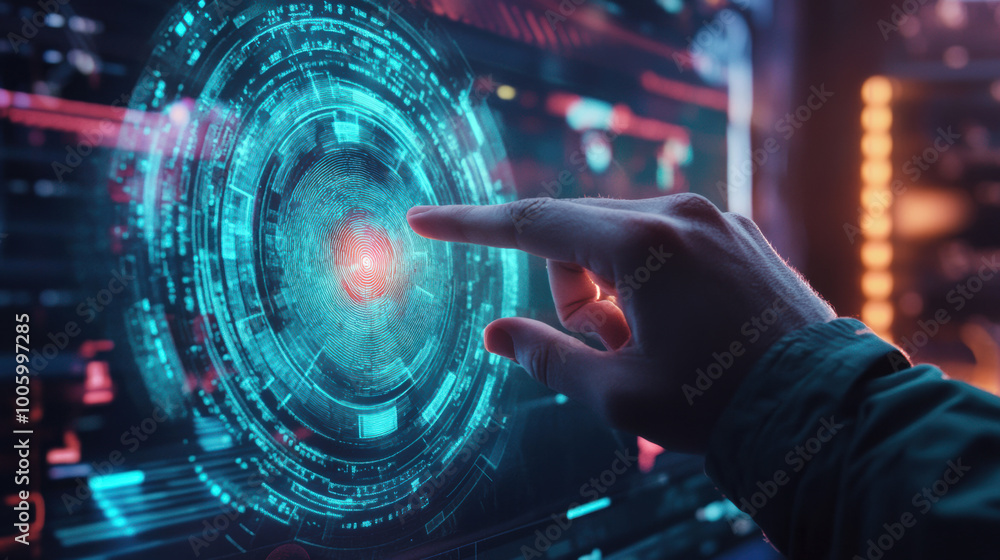 Poster hand interacting with digital interface, showcasing futuristic fingerprint scanning technology. vibr