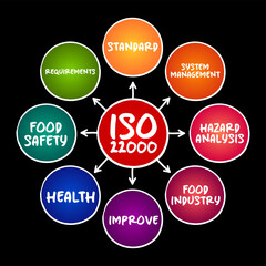 ISO 22000 - Food safety management system which provides requirements for organizations in the food industry, mind map concept for presentations and reports