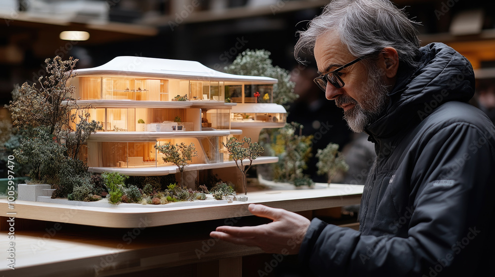 Poster an architect closely inspects a meticulously crafted model of a contemporary building with surroundi