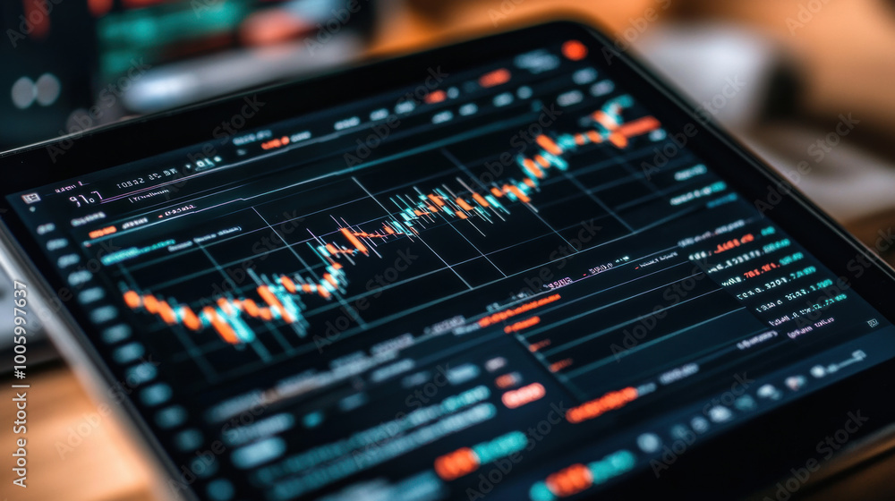 Poster close up view of digital tablet displaying live cryptocurrency trading interface with colorful graph