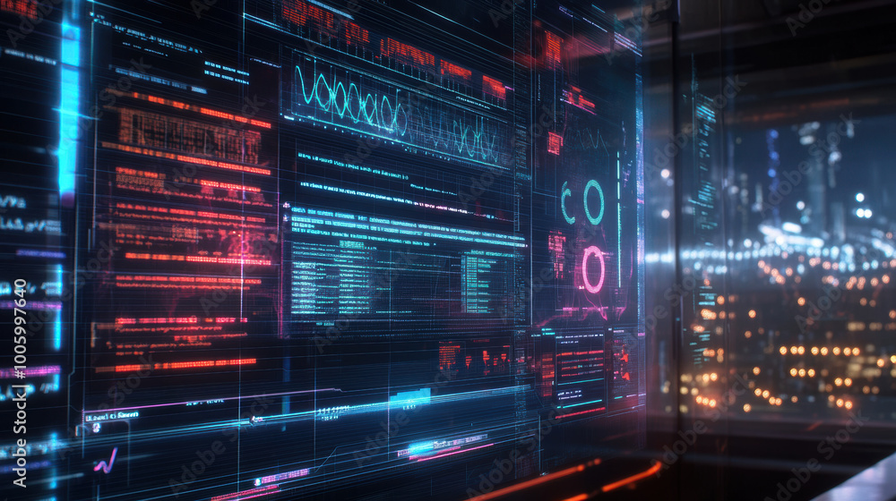 Poster futuristic interface displaying complex data and holographic elements, set against city skyline at n