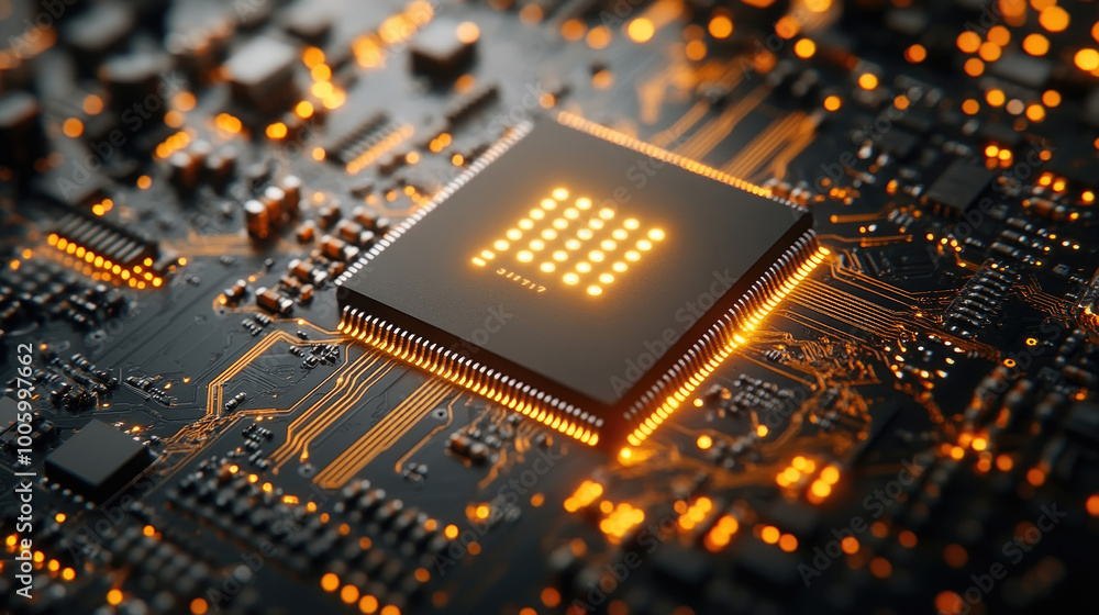 Poster a microchip illuminates with light on a circuit board, highlighting the complex interconnections and
