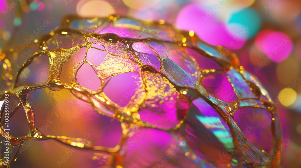 Poster close-up macro view of a soap bubble showcasing intricate textures and colorful reflections, highlig