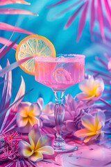 Cocktail margarita with lime and tropical flowers on blue background