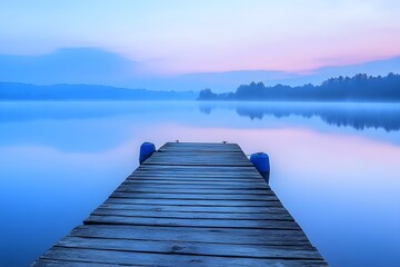 Obraz premium Tranquil lakeside landscape with a wooden jetty and a mirrored reflection of the soft pastel sky a soothing and atmospheric composition with a romantic