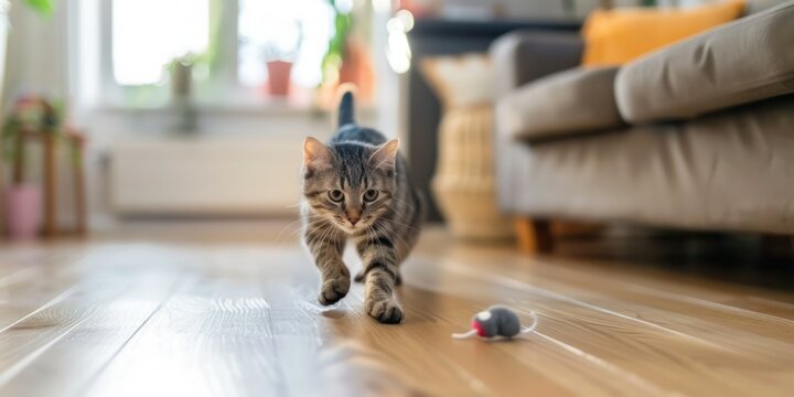 A playful cat chasing a toy mouse across a wooden floor in a bright living room