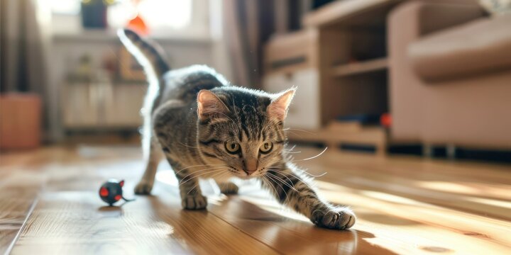 A playful cat chasing a toy mouse across a wooden floor in a bright living room
