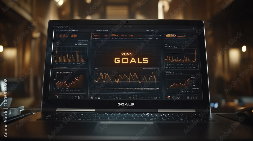 Aufkleber a laptop reveals detailed analysis of goals for 2025 with various graphs and data visualizations in 