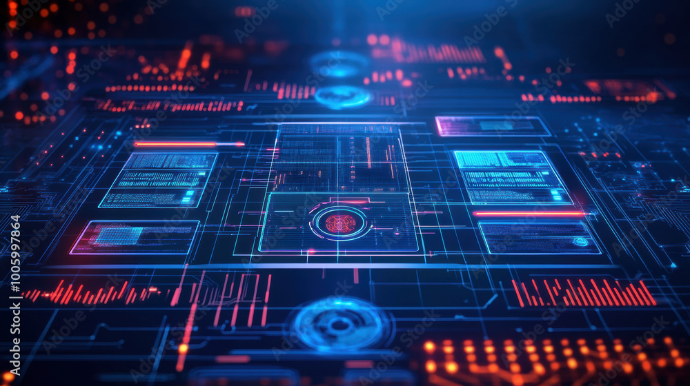 Poster futuristic digital interface displaying real time data and cyber threat information, featuring vibra