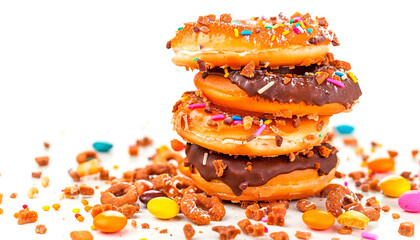 donuts with chocolate and sprinkles isolated on a white background.