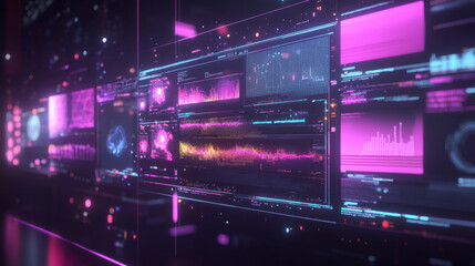 Fototapeta premium futuristic floating interface displaying real time machine learning data with vibrant pink and purple visualizations. screens showcase various graphs and metrics, creating high tech atmosphere