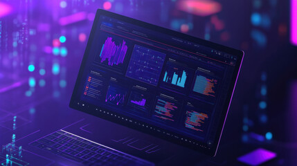 Fototapeta premium futuristic interface displaying real time data analytics and machine learning insights, illuminated by vibrant purple and blue lights, creating high tech atmosphere