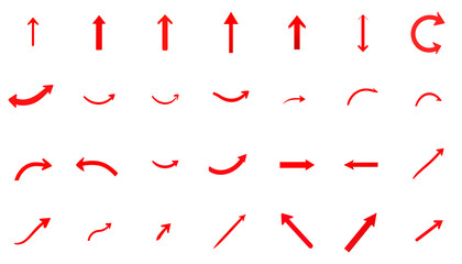 Set of red arrows in various directions and shapes, isolated on transparent background, Generative AI