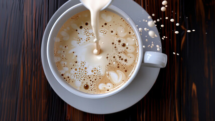 Cup of cappuccino with milk splash on wooden background