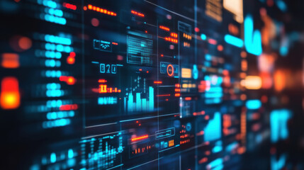 Fototapeta premium Real time cyber threat data is displayed on floating panel, showcasing vibrant graphs and metrics. futuristic interface highlights importance of cybersecurity in todays digital landscape