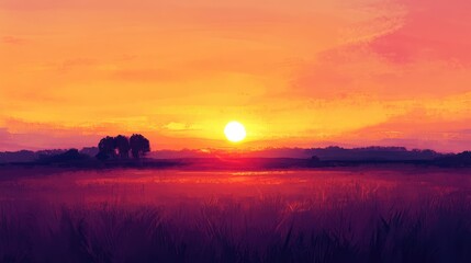 Fototapeta premium A scenic sunset over the plains, with the sun casting warm orange and pink hues across the flat landscape and silhouetted trees in the distance.