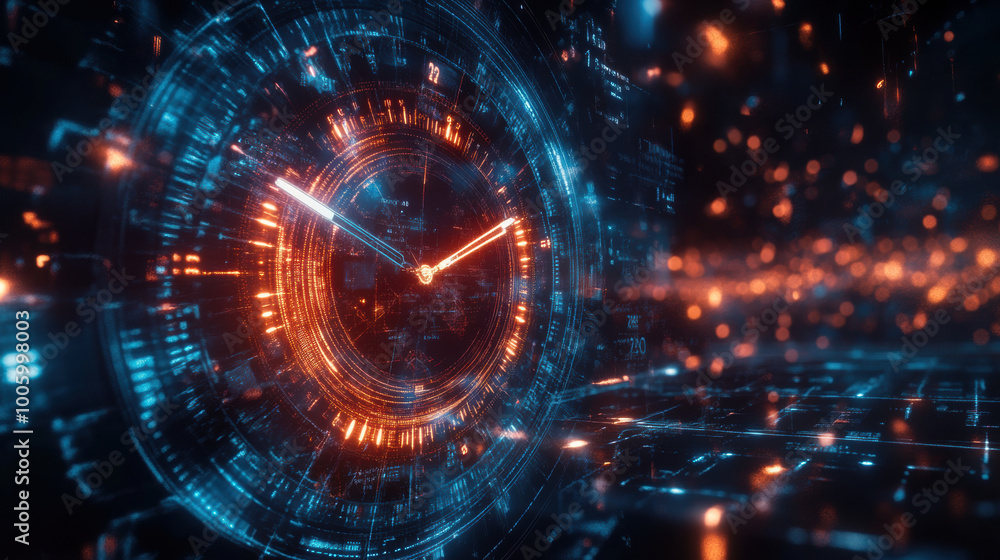 Poster futuristic digital clock displaying time with glowing elements and data streams, creating sense of a