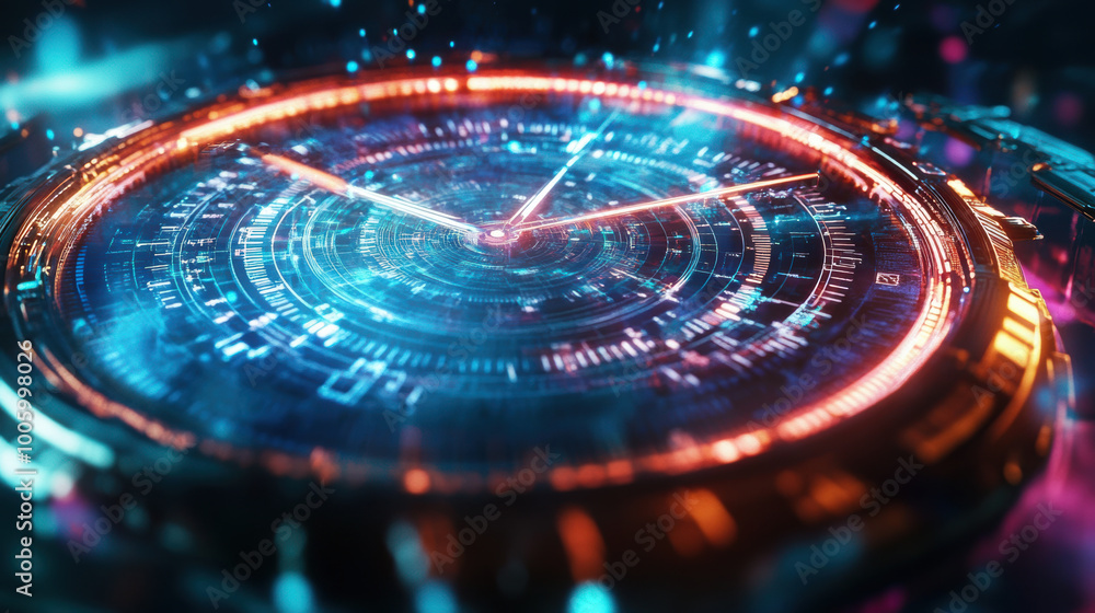 Poster futuristic clock design with glowing elements and intricate details, showcasing blend of technology 