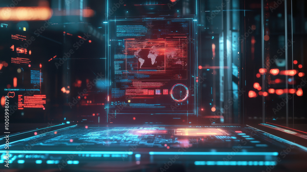 Poster futuristic digital interface displaying data and maps, showcasing advanced technology and vibrant colors. scene evokes sense of innovation and exploration in data visualization