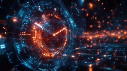 Fototapeta premium Futuristic digital clock displaying time with glowing elements and data streams, creating sense of advanced technology and innovation