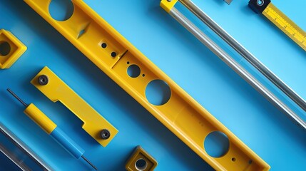 A selection of spirit levels and rulers lined up against a solid blue background