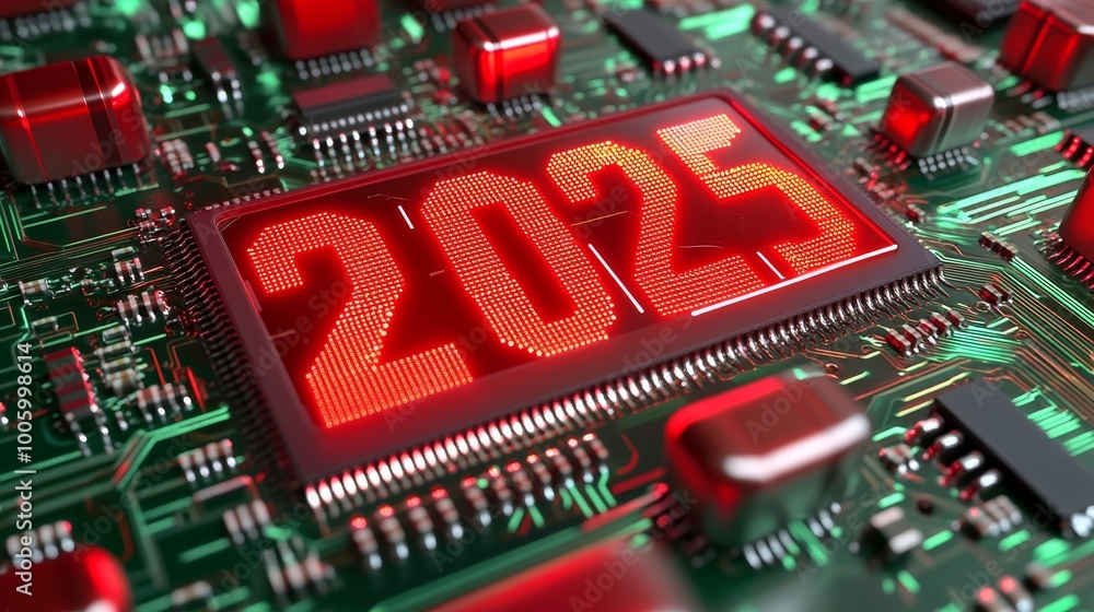 Poster illuminated 2025 displayed on the microchip of an electronic board symbolizes the dawn of a new year