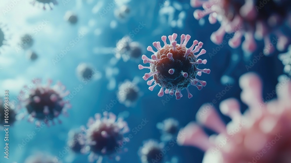Poster a 3d close-up of a virus particle with spiked proteins floating in a blue background, representing v