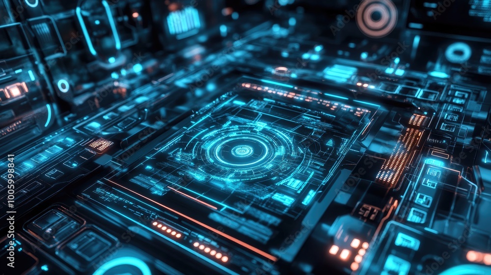 Poster a 3d hologram of a computer system with visible firewalls and security protocols, representing cyber