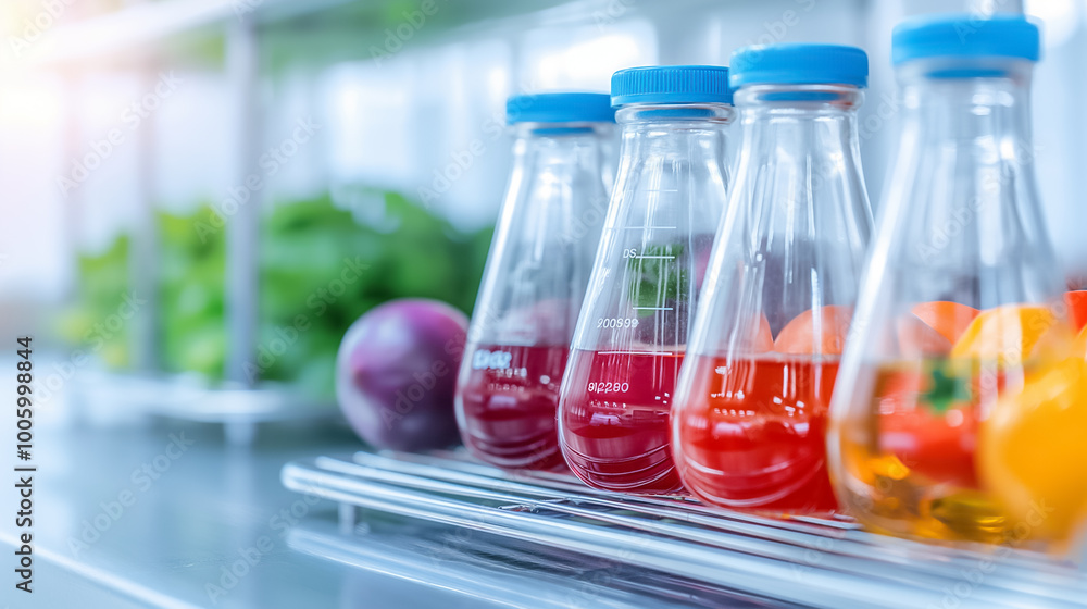 Aufkleber various glass flasks containing vibrant liquids are arranged on a lab shelf. fresh vegetables are vi