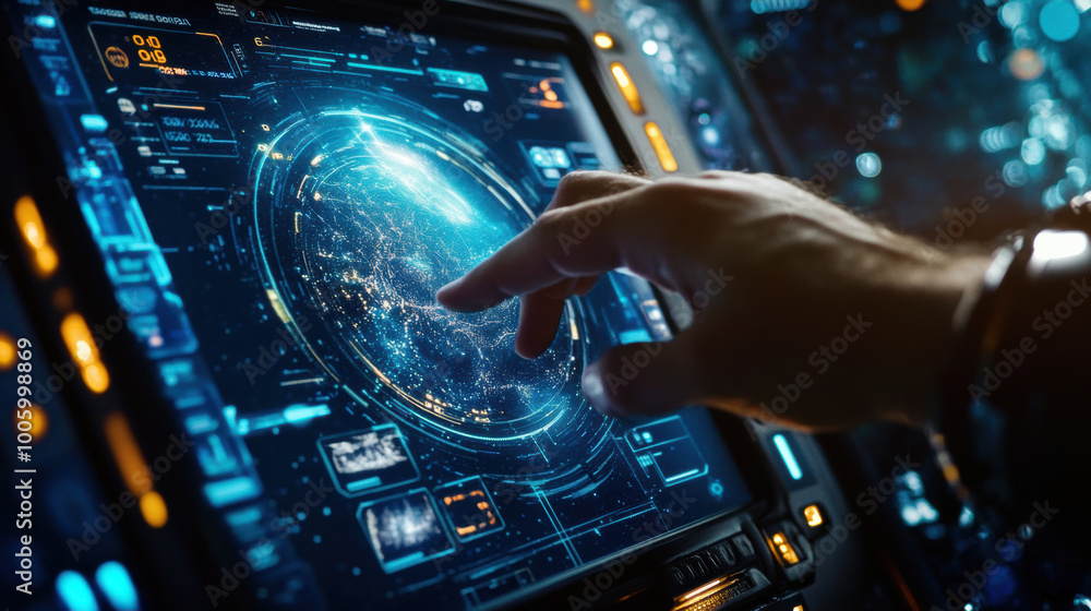 Poster hand adjusting floating virtual space station on high tech display, showcasing intricate digital gra