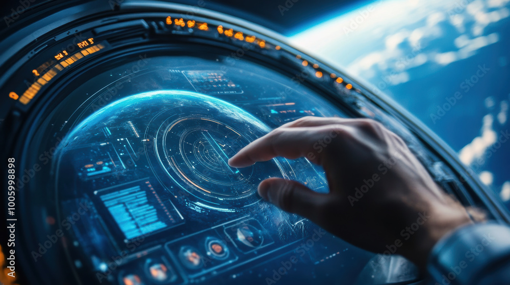 Poster hand adjusting floating virtual space station interface, showcasing advanced technology and view of 