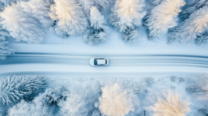 Aerial drone above top view of a car driving on a snow mountain road near the sea, winter forest landscape with ice and frost. Vacation concept, travel by car. Space for text or design. Generative AI.