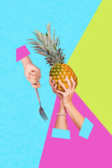 Composite collage picture image of funny hands hold ananas pineapple summer fruit healthy meal fork fantasy billboard comics zine minimal © deagreez