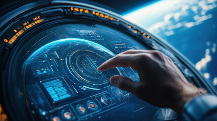 hand adjusting floating virtual space station interface, showcasing advanced technology and view of Earth from space. scene evokes sense of exploration and innovation