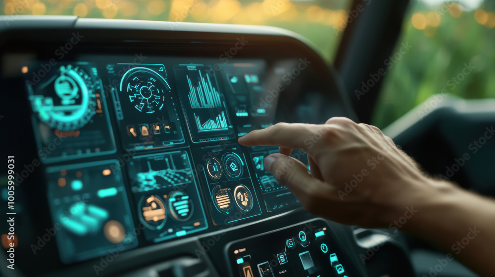 Poster hand adjusting virtual dashboard for farming, showcasing advanced technology and data visualization 