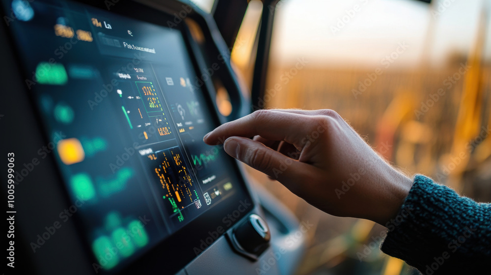 Poster hand adjusting virtual dashboard for farming, showcasing advanced technology in agriculture. interfa