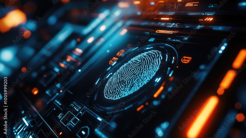 Poster a close-up of a fingerprint scanner on a futuristic device, highlighting biometric cyber security te