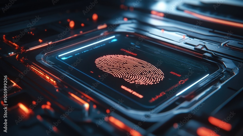 Poster a close-up of a fingerprint scanner on a futuristic device, highlighting biometric cyber security te