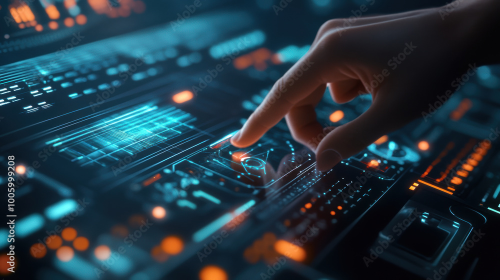 Poster hand adjusting digital sliders on futuristic interface, showcasing advanced technology and interacti
