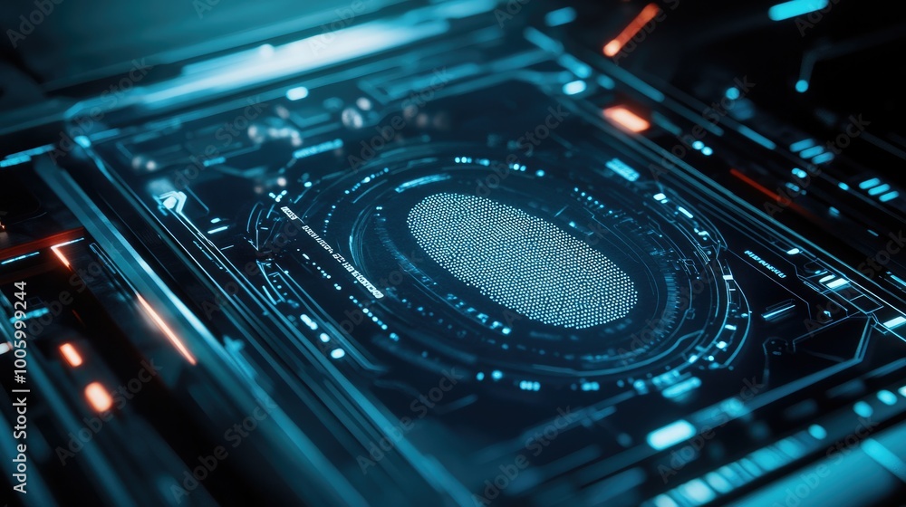 Poster a close-up of a fingerprint scanner on a futuristic device, highlighting biometric cyber security te
