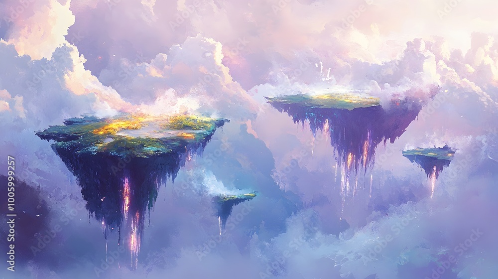 Poster surreal dreamscape featuring floating islands ethereal glowing moss wisps of clouds and shimmering c