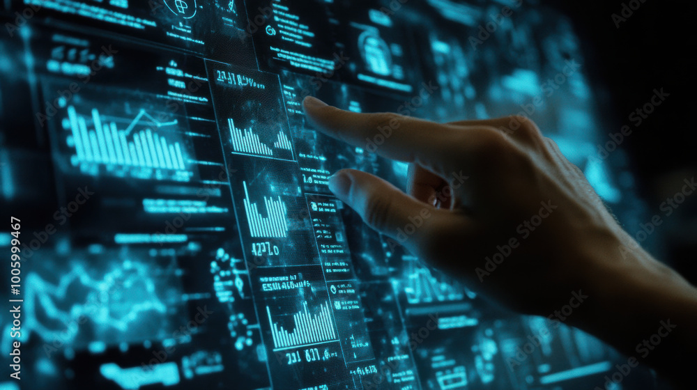 Poster hand adjusting floating statistics in virtual interface, showcasing various data visualizations and 