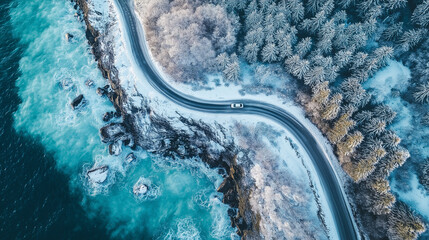 Top view of a car driving on a snow mountain road near the sea, winter forest landscape with ice and frost, nature scenery in a snowy countryside. Vacation concept, travel by car. Generative AI.
