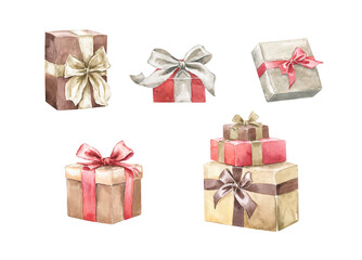 Watercolor gift box set isolated on white background. Hand drawn illustration. Holiday clip art.