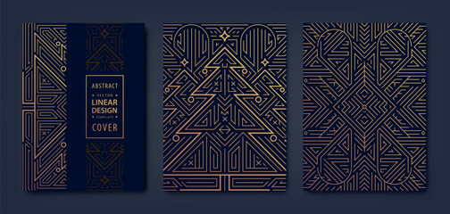 Vector art deco Christmas tree cards, covers, package patterns. Line geometric gold on dark luxury backgrounds, premium winter decor