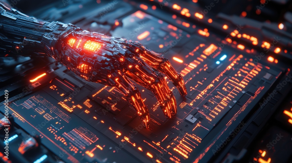 Poster a cyber supercomputer with glowing neural circuits, controlled by a humanoid cyborg with a bionic ha